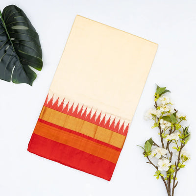 Cream Handloom Ikat Silk Saree With Contrast Red Border