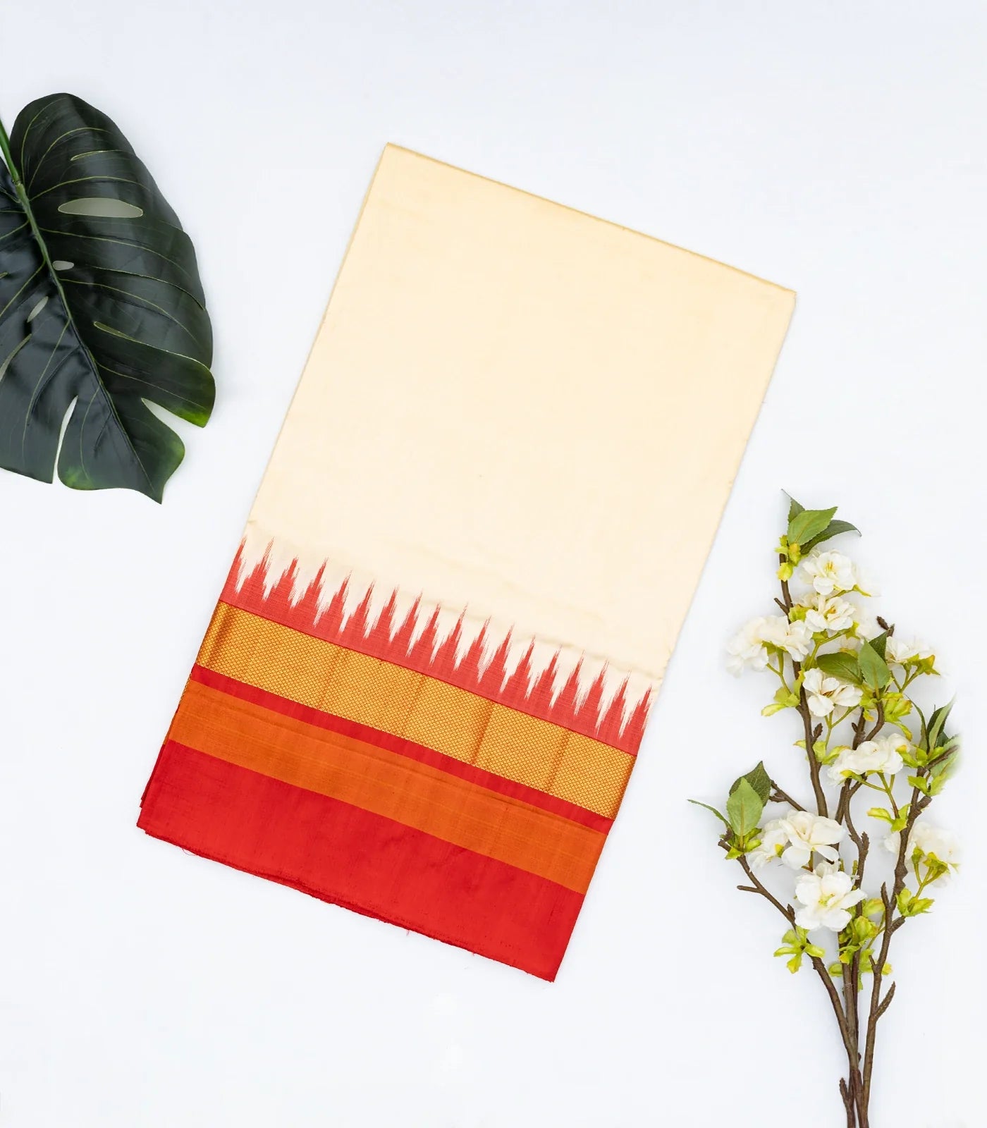 Cream Handloom Ikat Silk Saree With Contrast Red Border