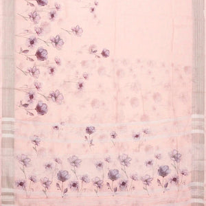 Baby Pink Handloom Linen Saree With Printed Blue Floral Motifs
