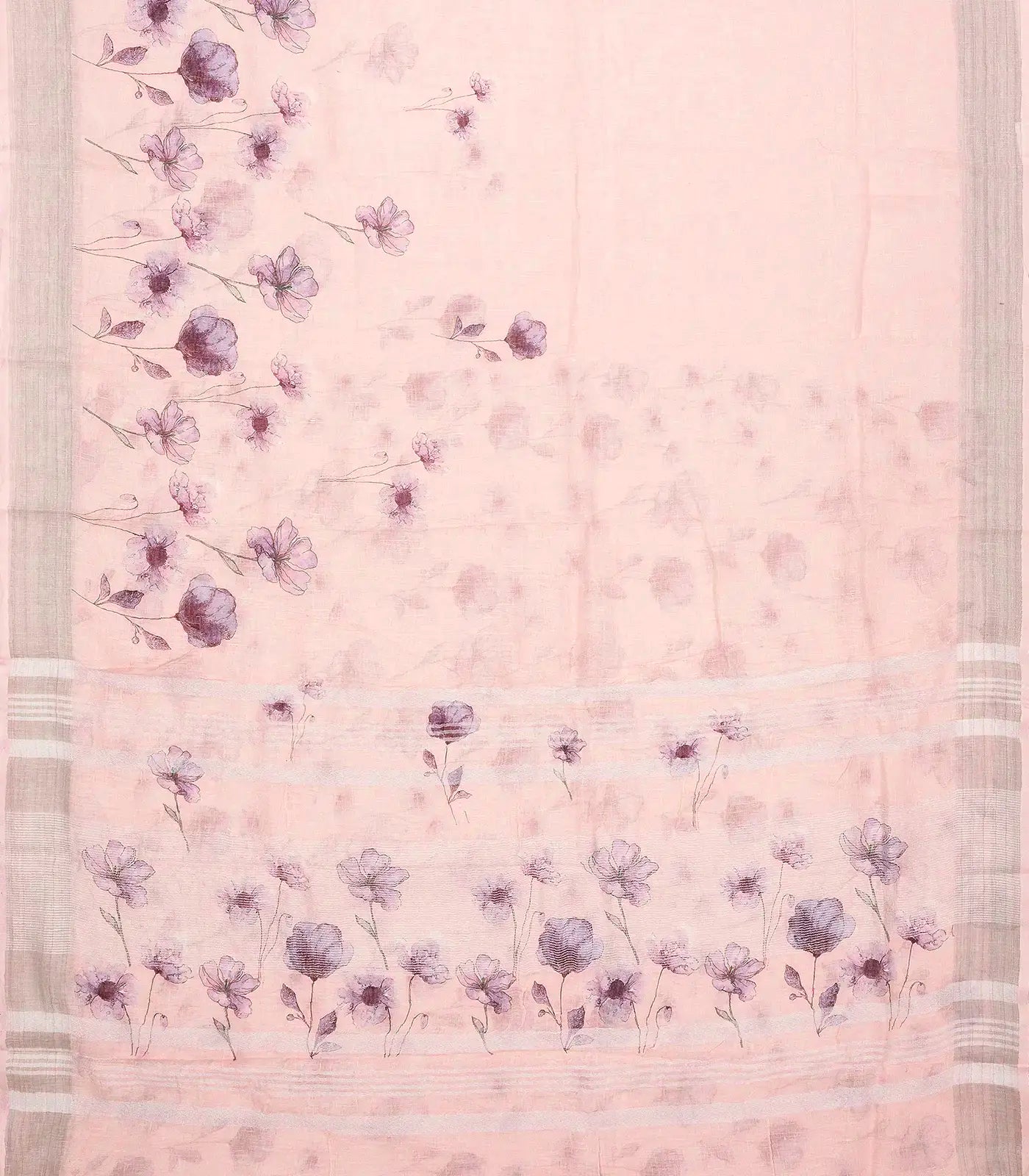 Baby Pink Handloom Linen Saree With Printed Blue Floral Motifs