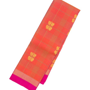 Peach Handloom Kanchipuram Silk Saree With Annam Buttas & Checks