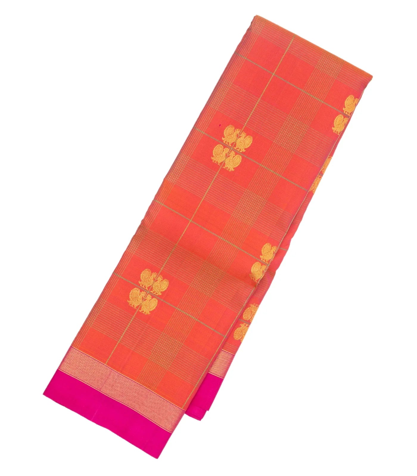 Peach Handloom Kanchipuram Silk Saree With Annam Buttas & Checks