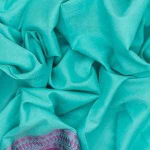 Turquoise Handloom Plain Bengal Cotton Saree With Purple Border