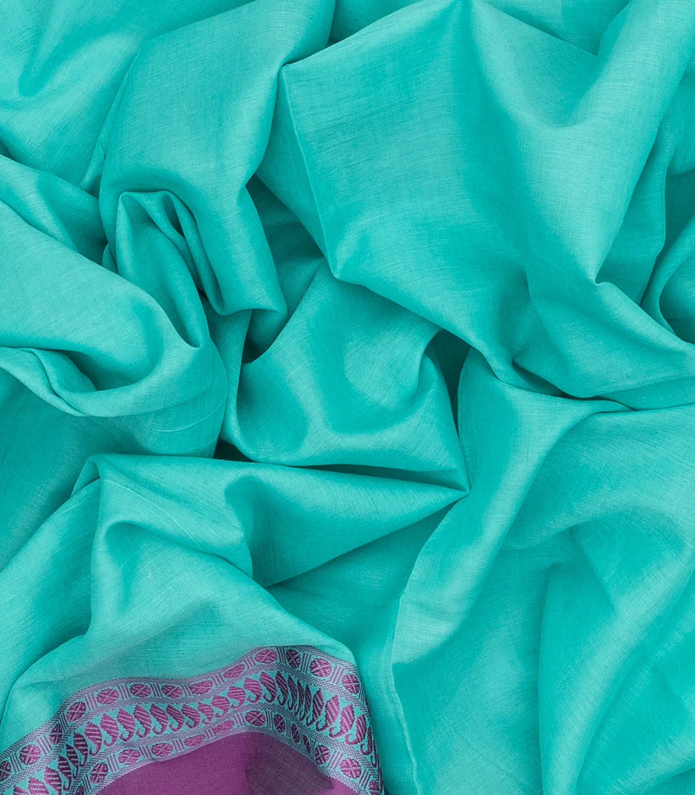 Turquoise Handloom Plain Bengal Cotton Saree With Purple Border