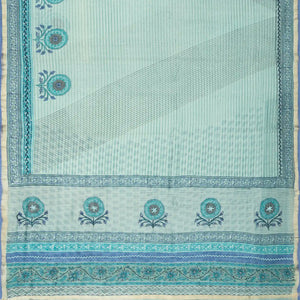 Turquoise Chanderi Cotton Saree Printed With Stripes & Floral Motifs