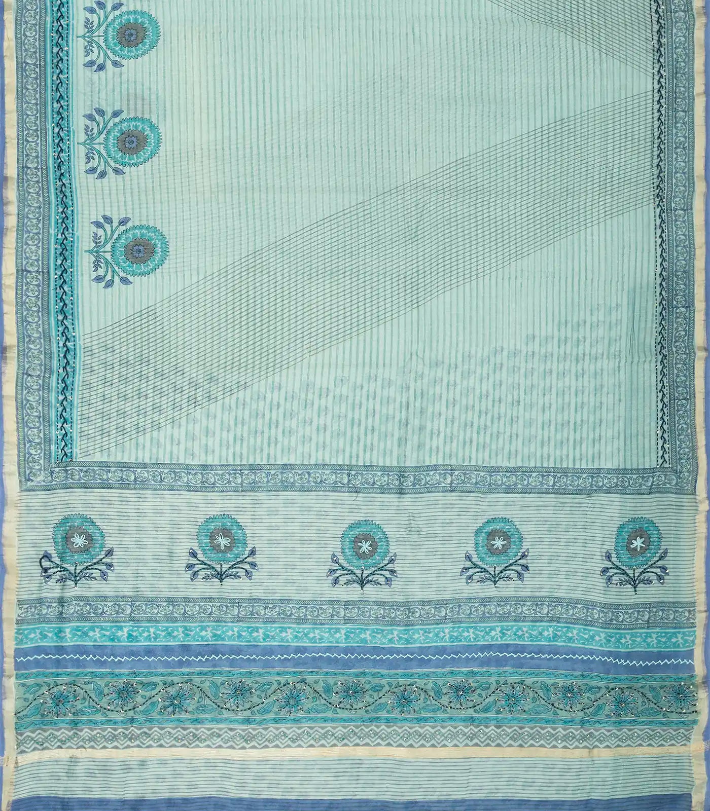 Turquoise Chanderi Cotton Saree Printed With Stripes & Floral Motifs