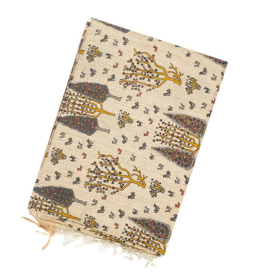 Taupe Handloom Tussar Silk Saree With Yellow Printed Motifs