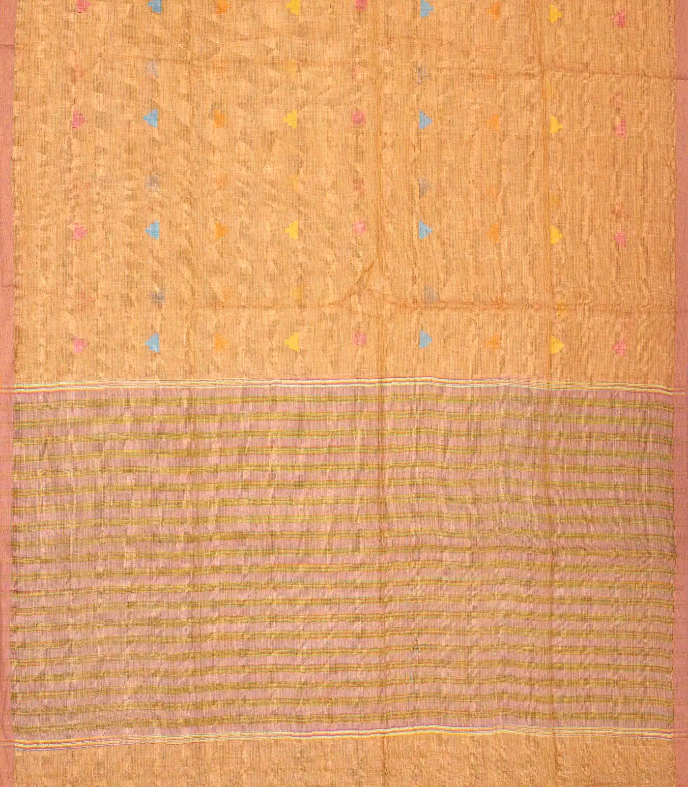 Light Peach Handloom Linen Saree With Temple Buttas