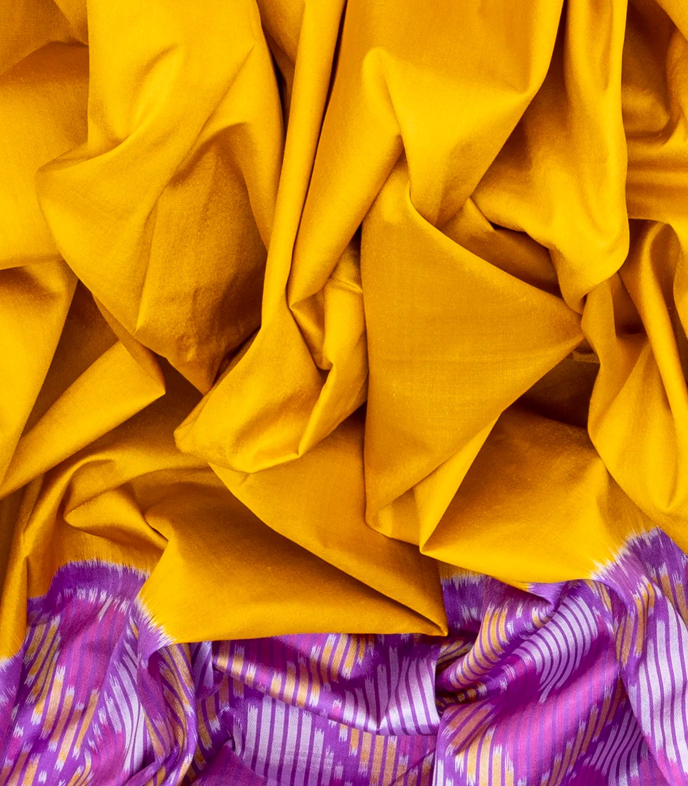 Turmeric Yellow Handloom Ikat Silk Saree With Contrast Lavender Border