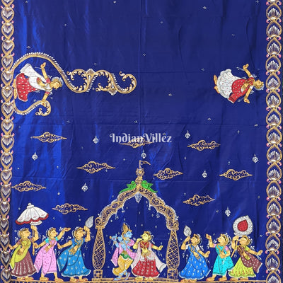 || राधाकृष्ण || Blue Radha Krishna Pattachitra Silk Saree