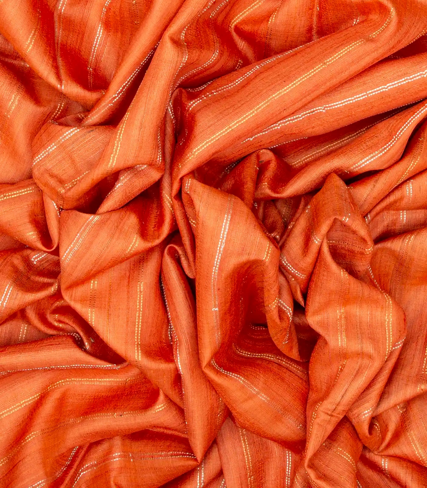 Orange Handloom Tussar Silk Saree With Embroidered Stripes