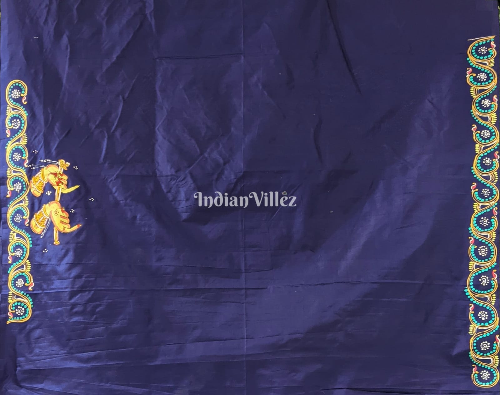 Dark Blue Arjuna Bows to Navagunjara Hand-Painted Pattachitra Saree