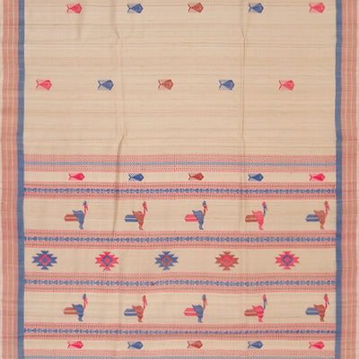 Sandal Handwoven Tussar Silk Saree With Fish & Bird Motifs in Body & Pallu-Sandal