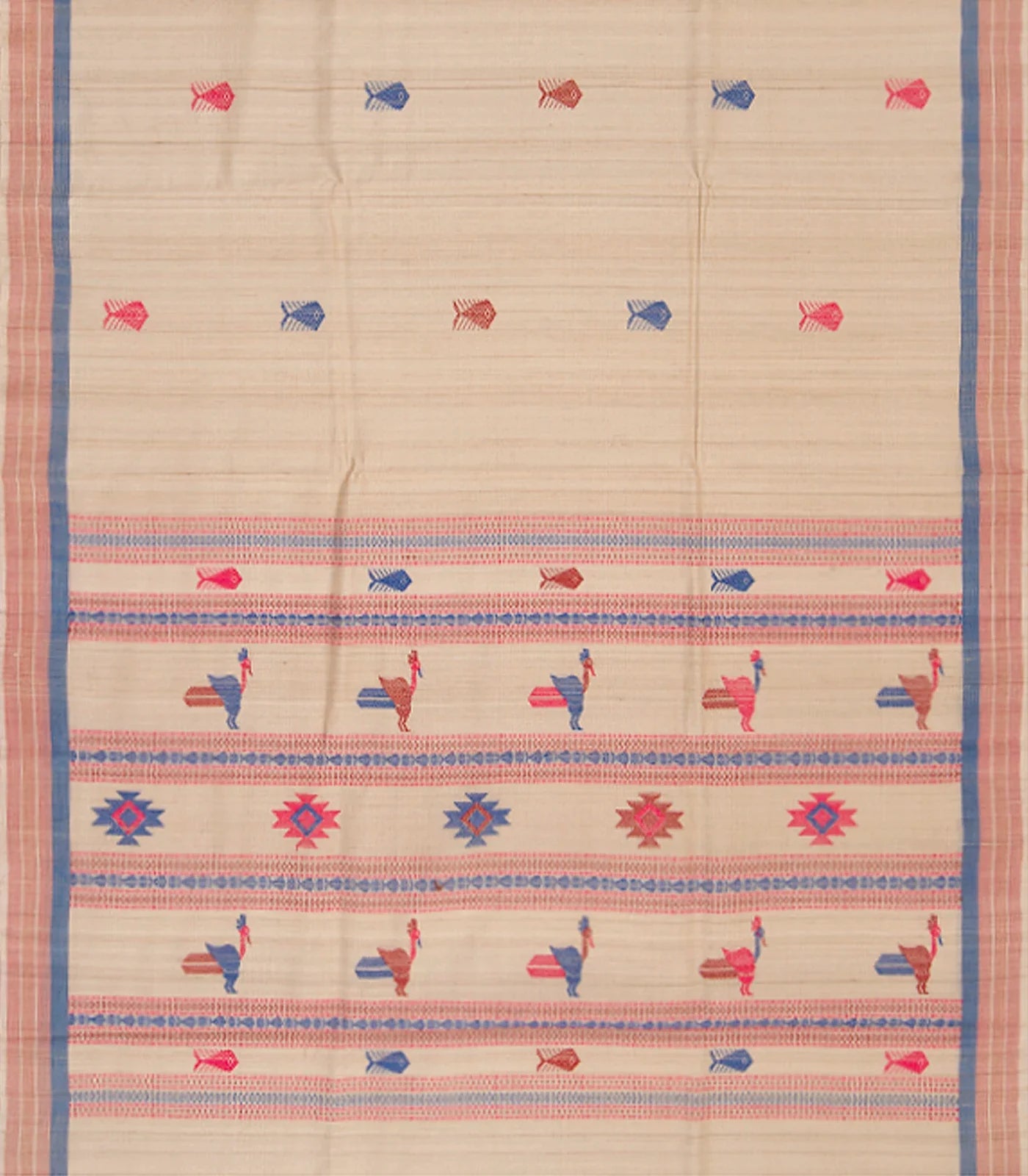 Sandal Handwoven Tussar Silk Saree With Fish & Bird Motifs in Body & Pallu-Sandal