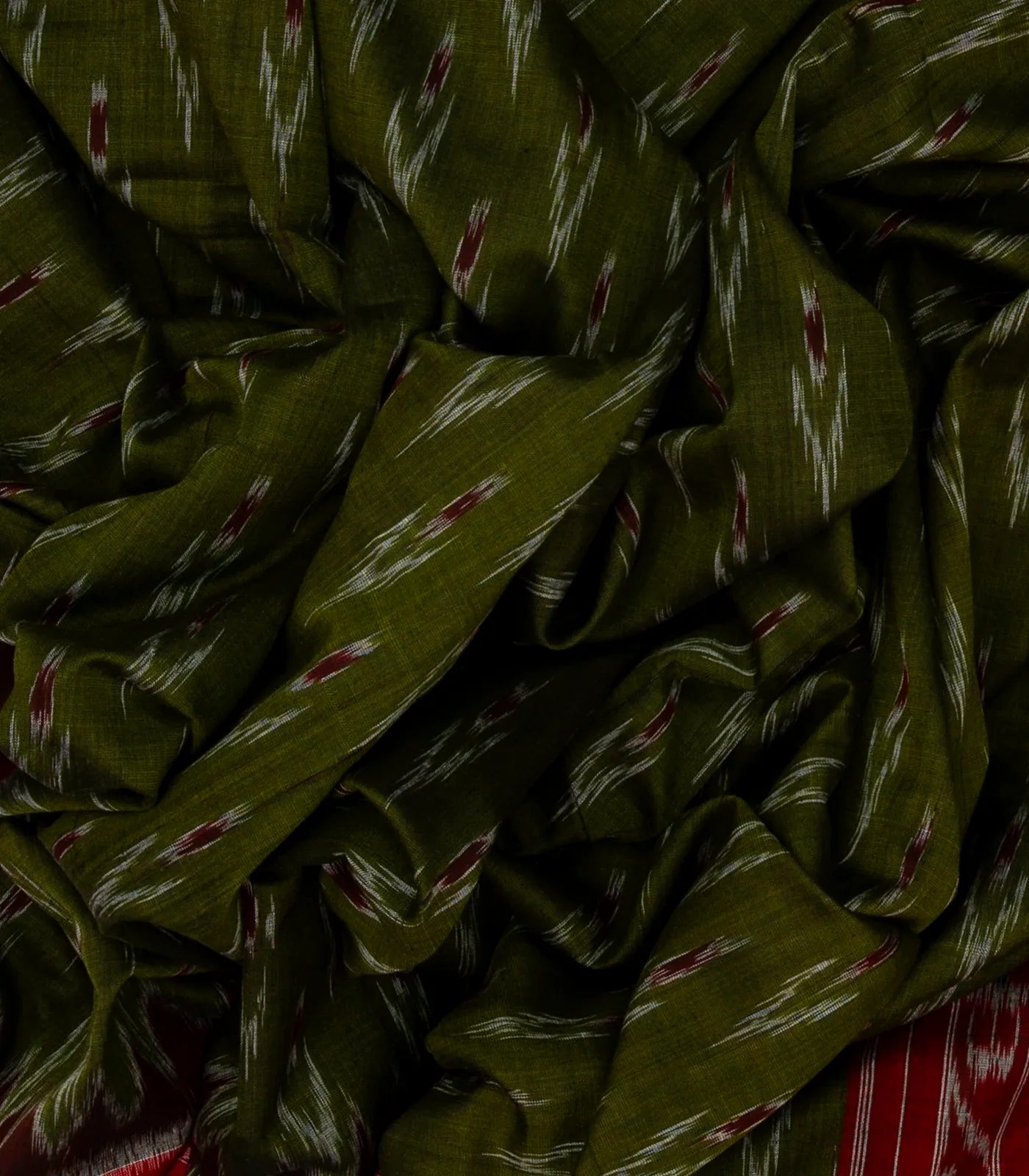 Olive Green Handloom Orissa Cotton Saree With Tie & Dye Floral Motifs