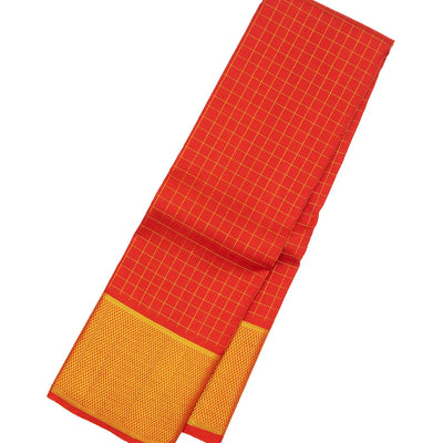 Red Handloom Kanchipuram Silk Saree With Zari Checks