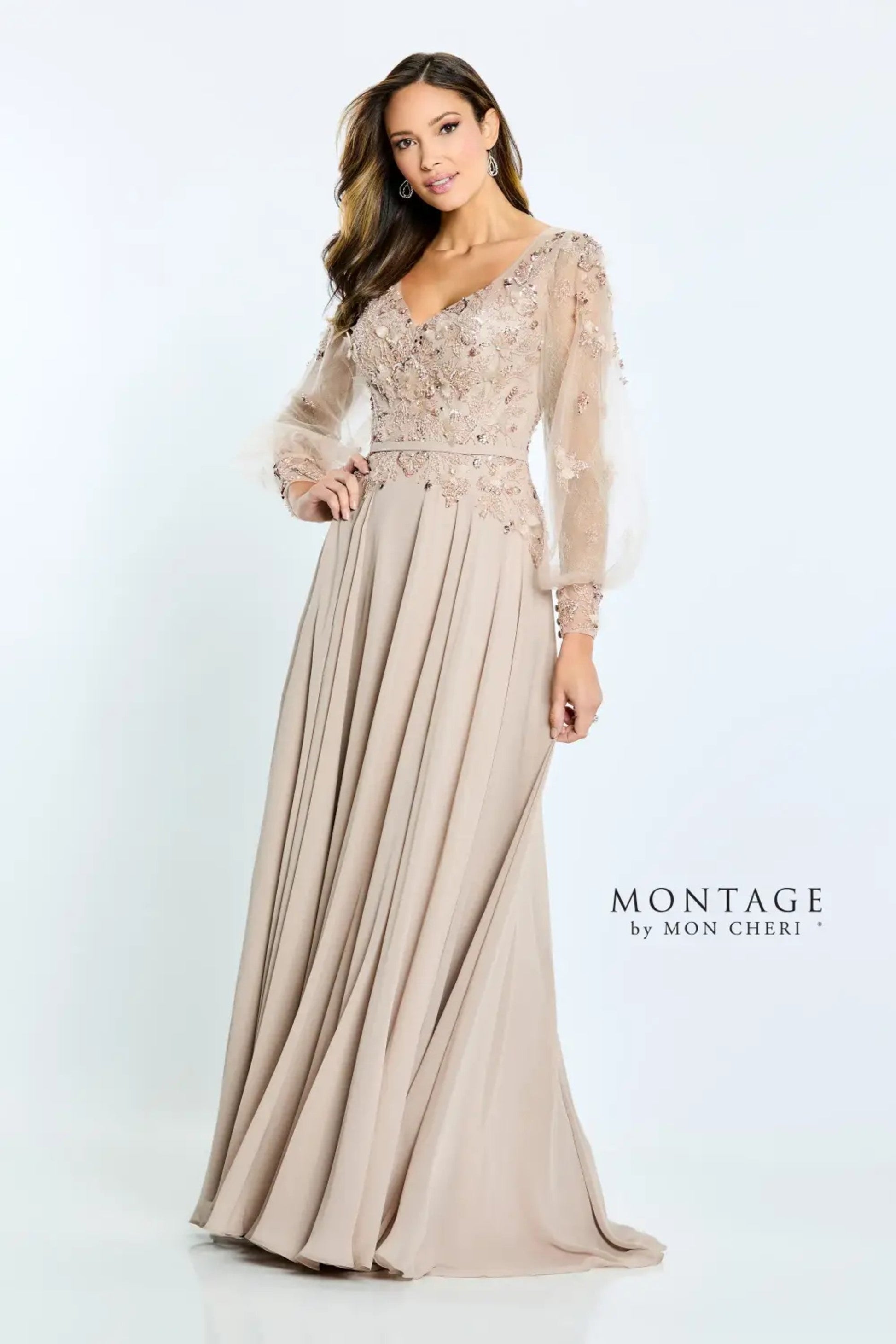 Montage M505 A Line Beaded Formal Long Sleeve Evening Dress