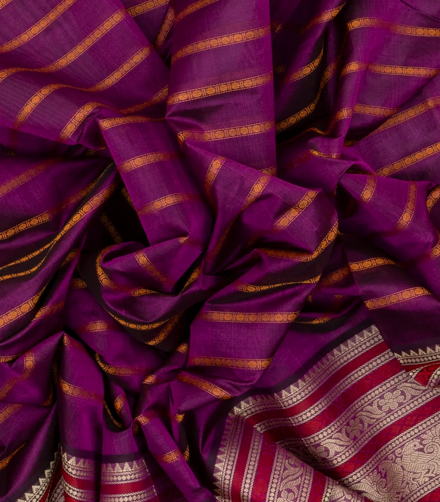Purple Handloom Silk Cotton Saree With Beldari Stripes