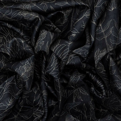 Black Handloom Tussar Silk Saree With Printed Leafy Motifs