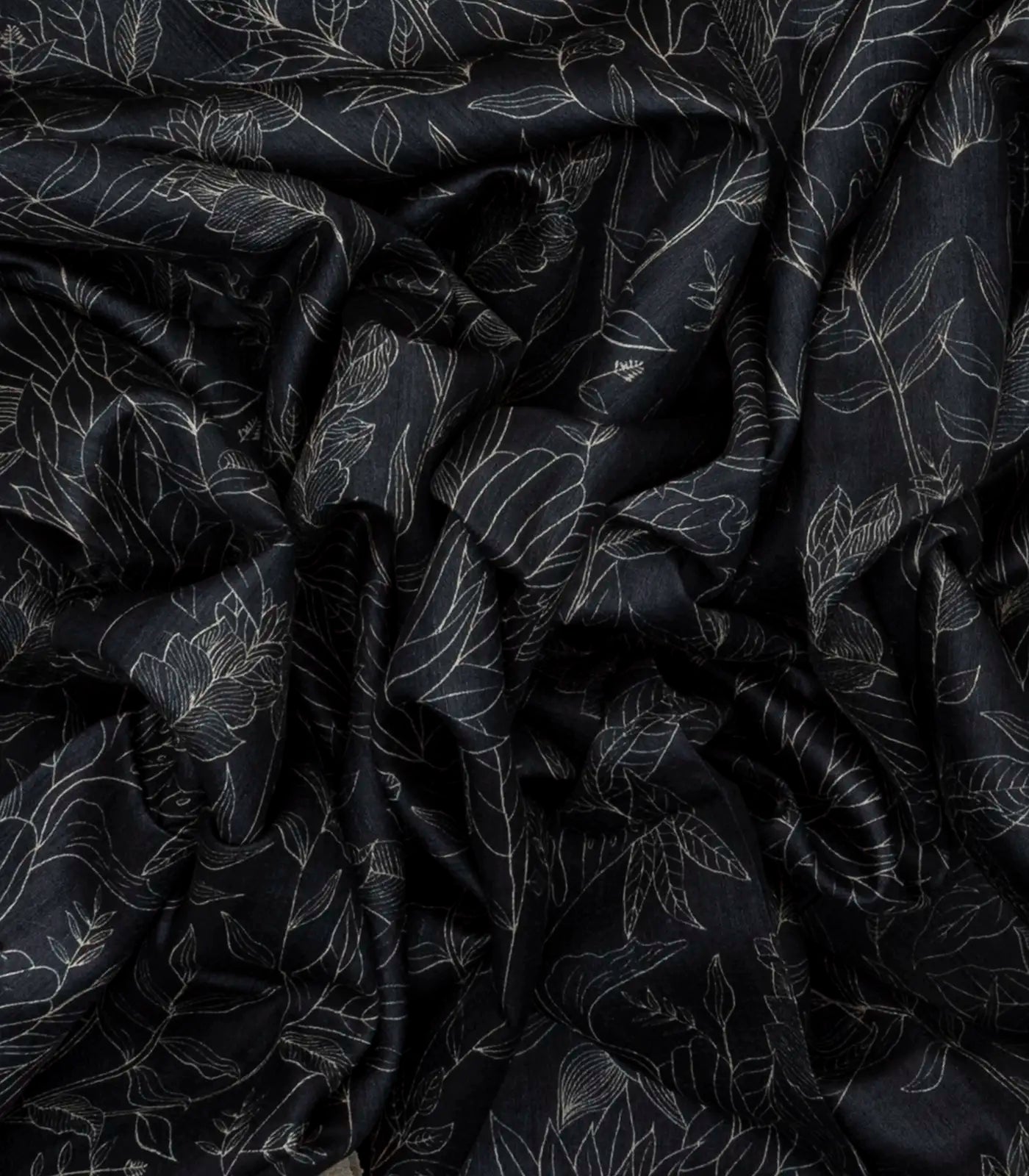 Black Handloom Tussar Silk Saree With Printed Leafy Motifs