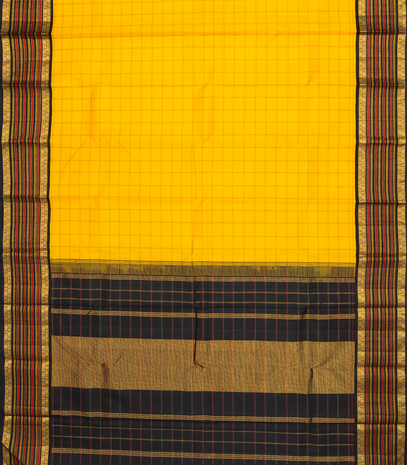 Yellow Handloom Kanchipuram Korvai Silk Saree With Meena Checks