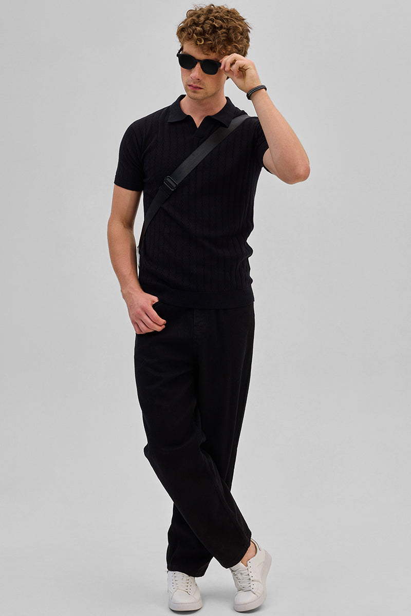 Black Knitted Polo T-Shirt