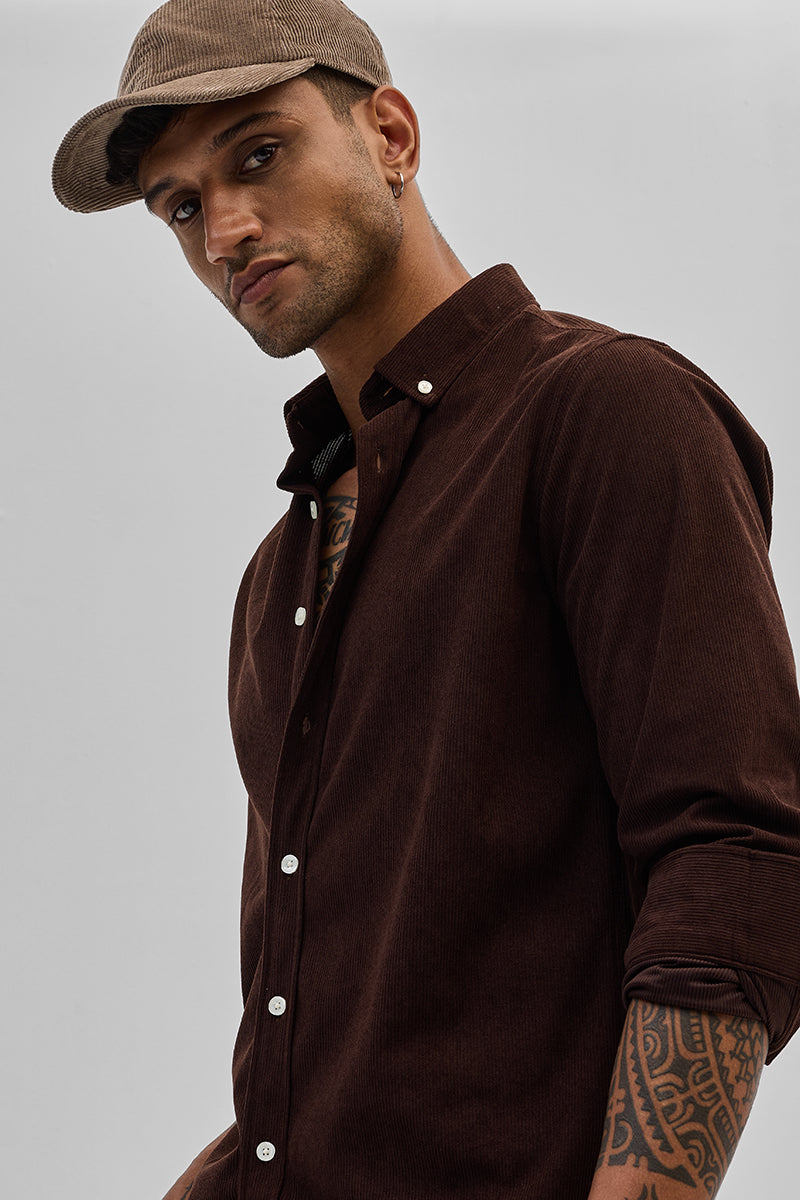 Dark Brown Slim Fit Corduroy Shirt