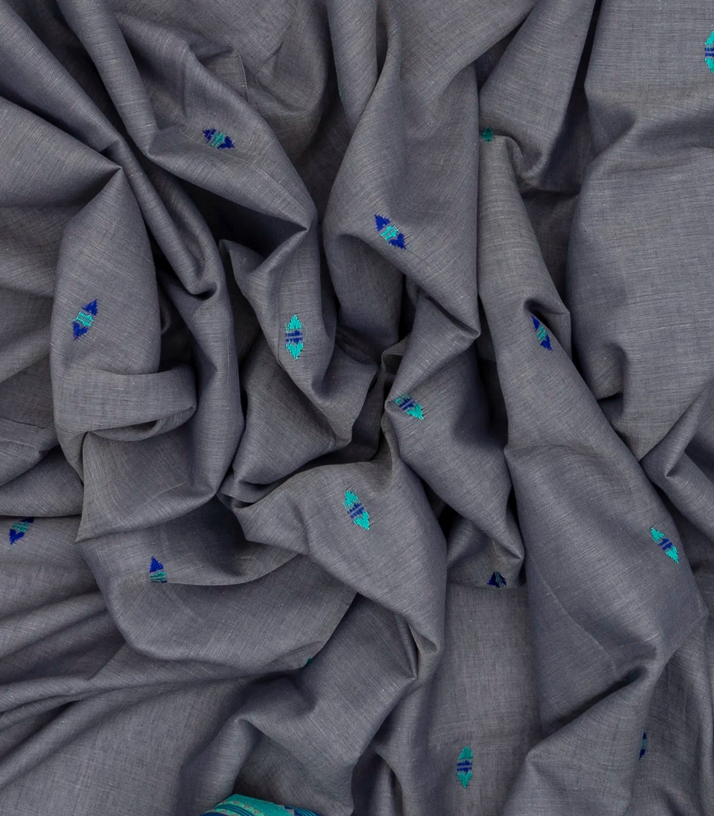 Grey Handloom Bengal Cotton Saree With Blue Border