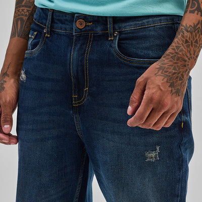 Dark Blue Distressed Slim Fit Jeans