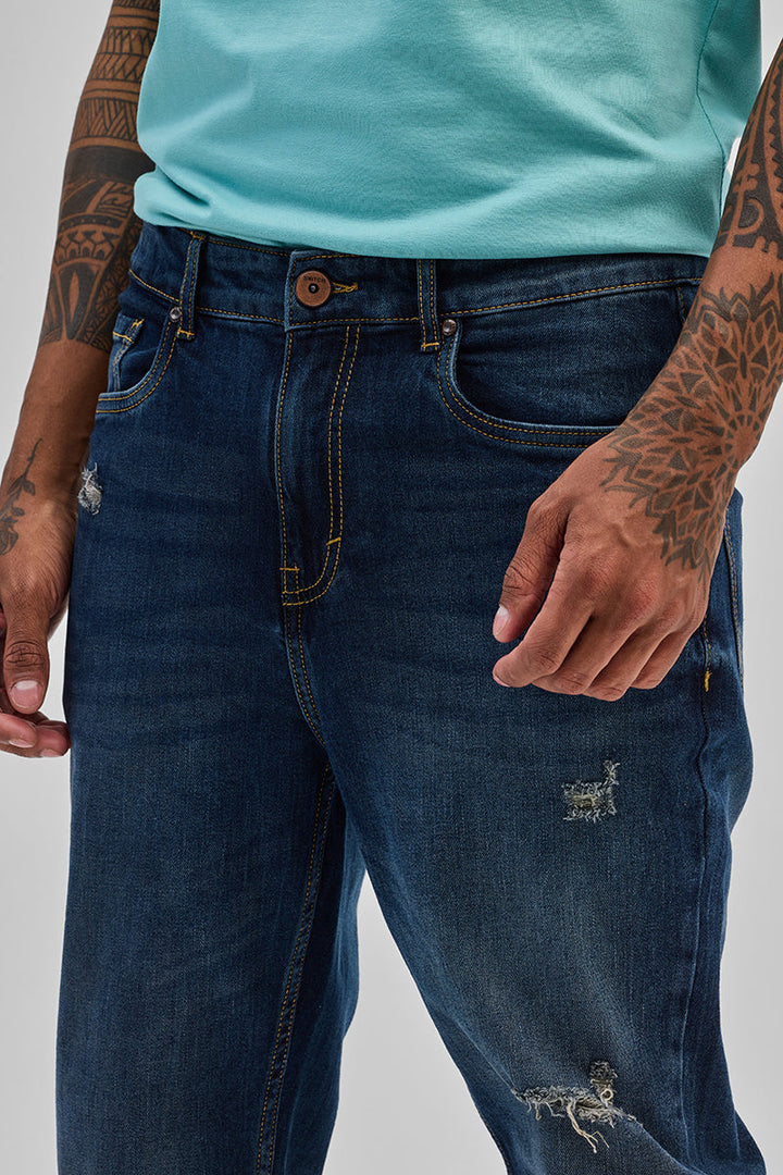 Dark Blue Distressed Slim Fit Jeans