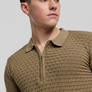 Khaki Zipper Knitted Polo T-Shirt