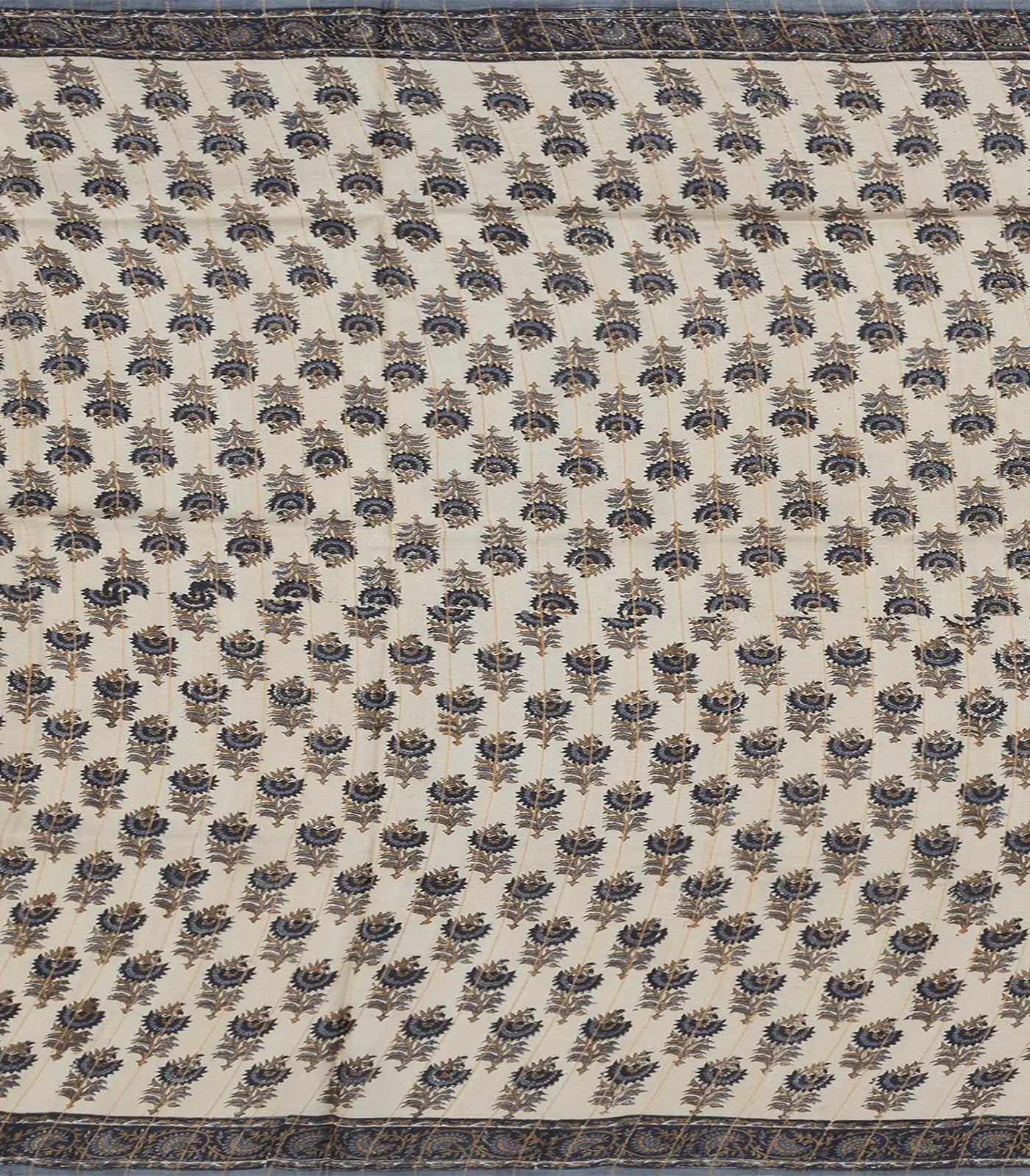 Off White Printed Tussar Silk Saree With Floral Motifs-Off White