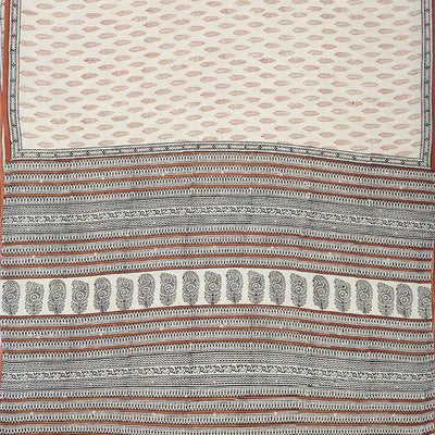 White Woven Jaipur Cotton Saree Printed With Red Floral Motifs