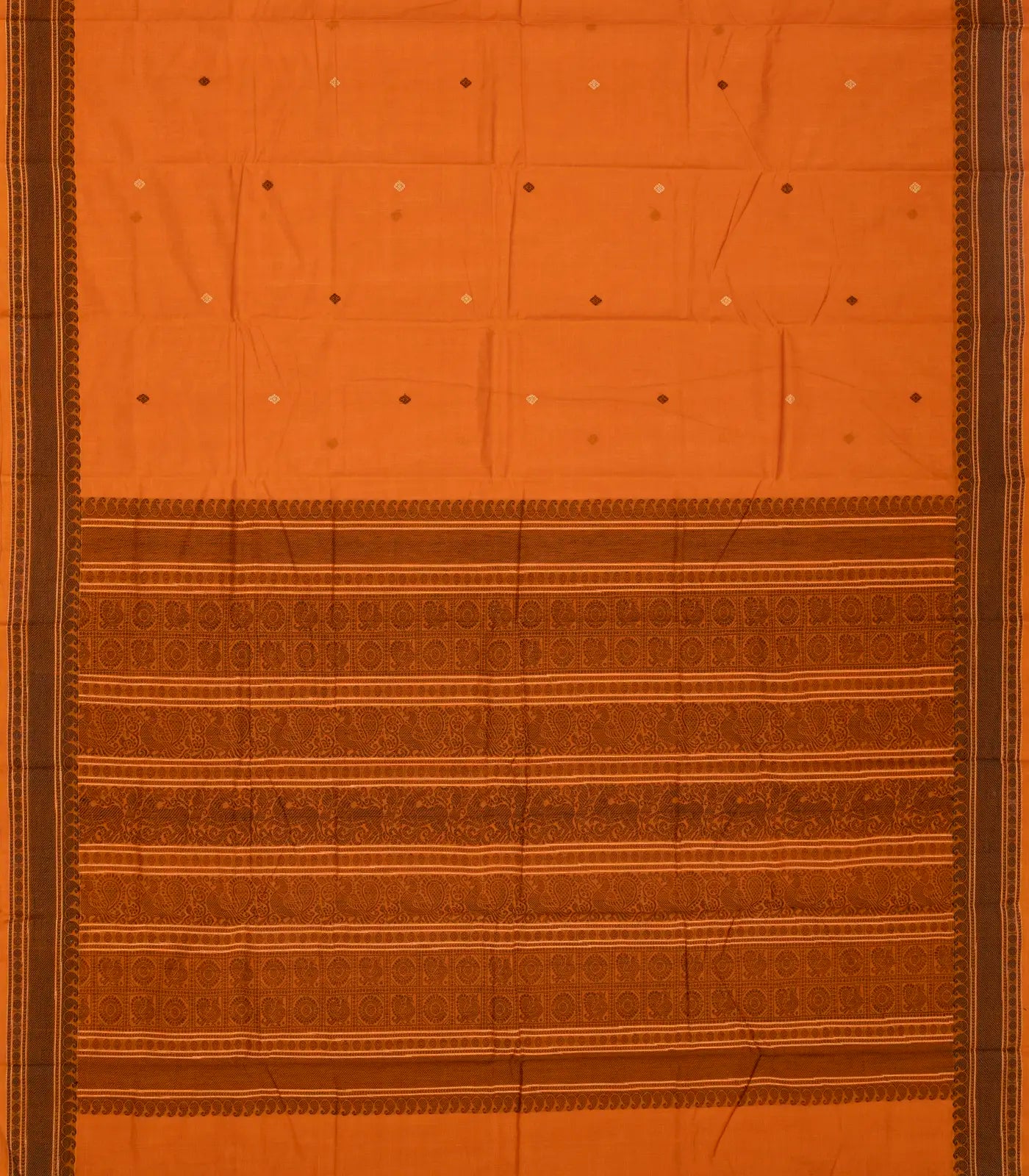 Orange Handloom Kanchi Cotton Saree With Diamond Motifs
