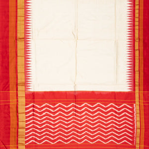 Cream Handloom Ikat Silk Saree With Contrast Red Border