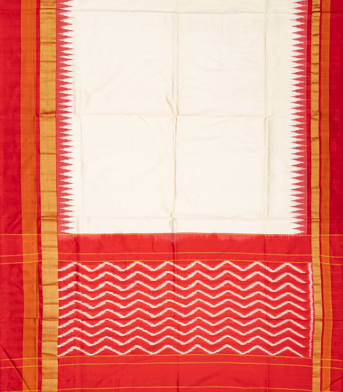Cream Handloom Ikat Silk Saree With Contrast Red Border