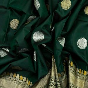 Bottle Green Handloom Kanchipuram Silk Saree With Elephant Motif Buttas