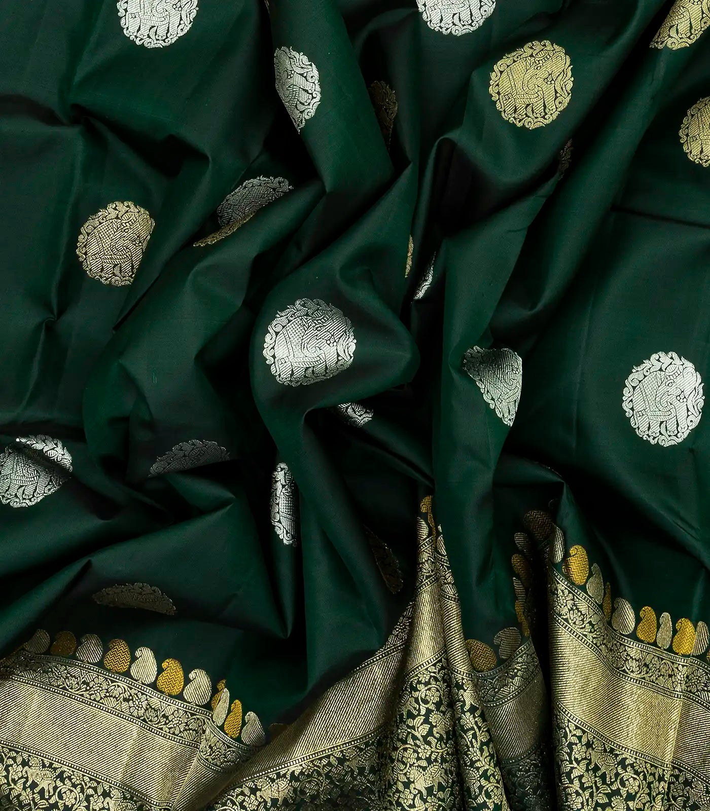 Bottle Green Handloom Kanchipuram Silk Saree With Elephant Motif Buttas