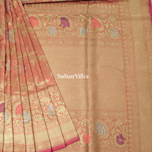 Peach Floral Designer Meenakari Katan Banarasi Saree