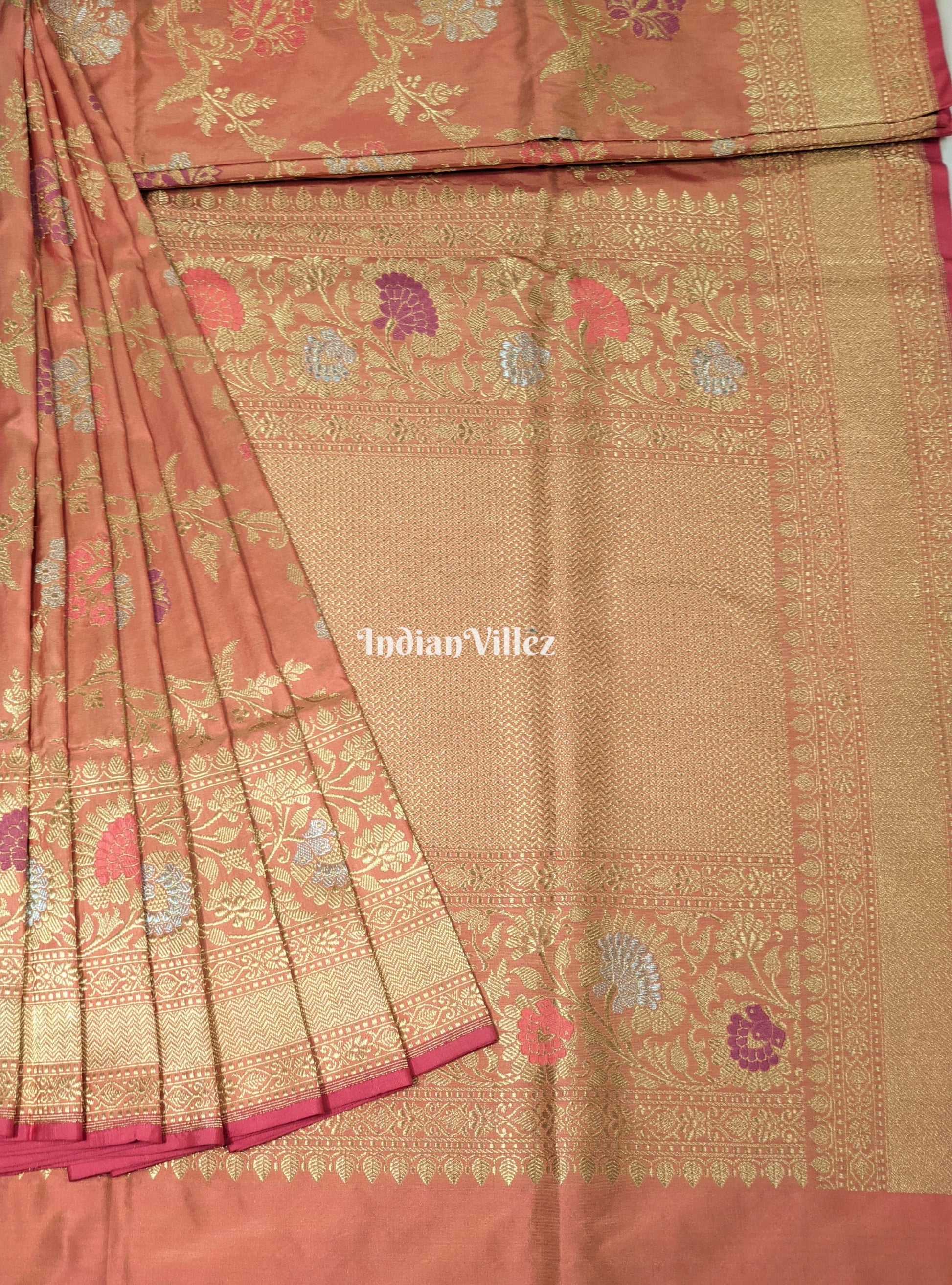 Peach Floral Designer Meenakari Katan Banarasi Saree