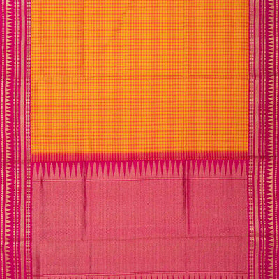 Orange Handloom Soft Silk Saree With Checks & Contrast Pink Border