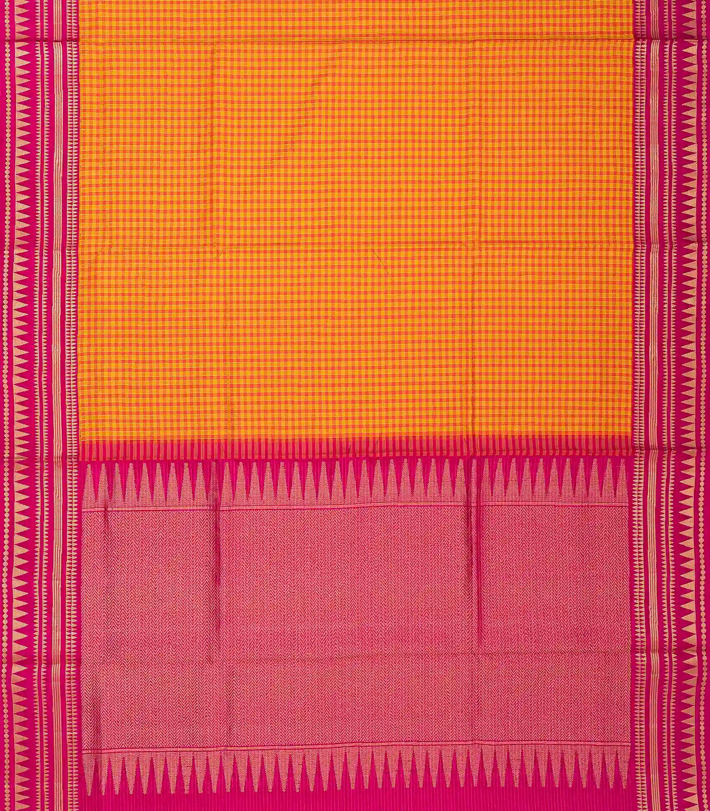 Orange Handloom Soft Silk Saree With Checks & Contrast Pink Border