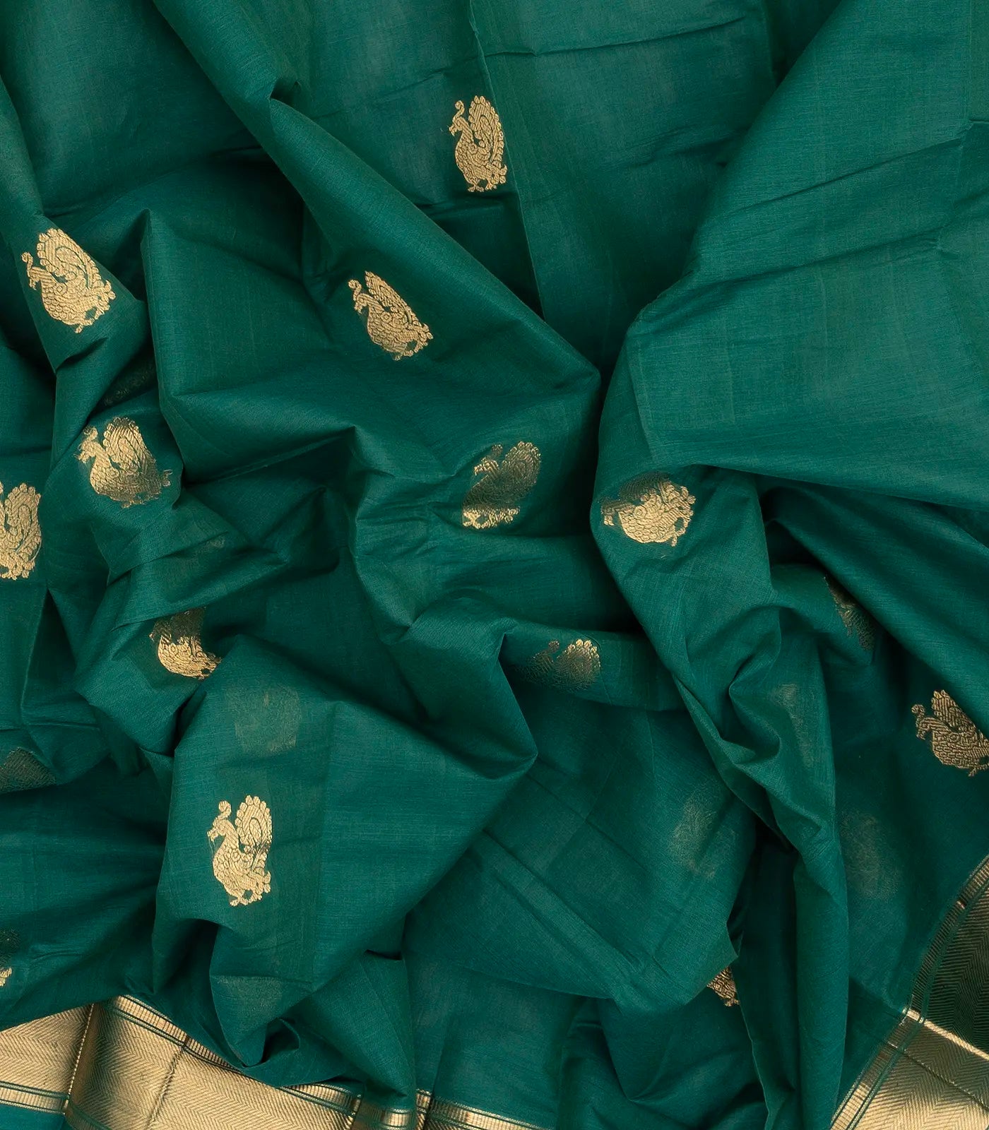 Sea Green Handloom Kanchi Cotton Saree With Annam Buttas