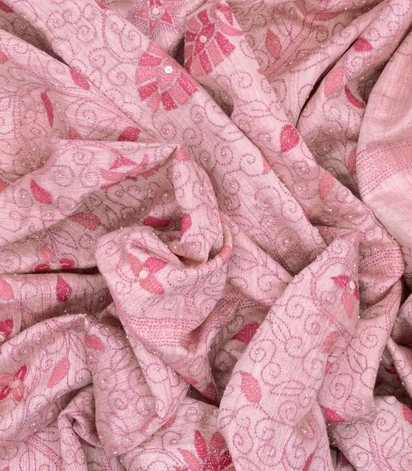 Pink Handwoven Linen Saree With Tree of Life Embroidery Motifs