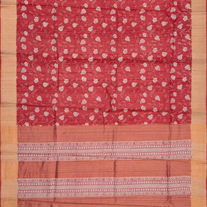 Peach Handloom Tussar Silk Saree With Printed Floral Motifs-Peach