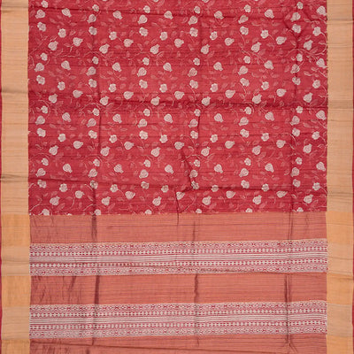 Peach Handloom Tussar Silk Saree With Printed Floral Motifs-Peach