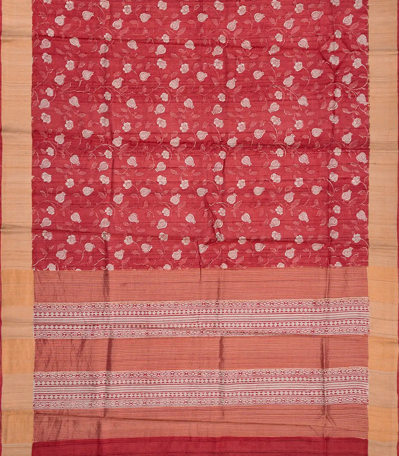 Peach Handloom Tussar Silk Saree With Printed Floral Motifs-Peach