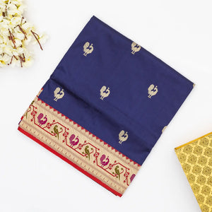 Navy Blue Handloom Banarasi Silk Saree With Peacock Buttas & Contrast Border