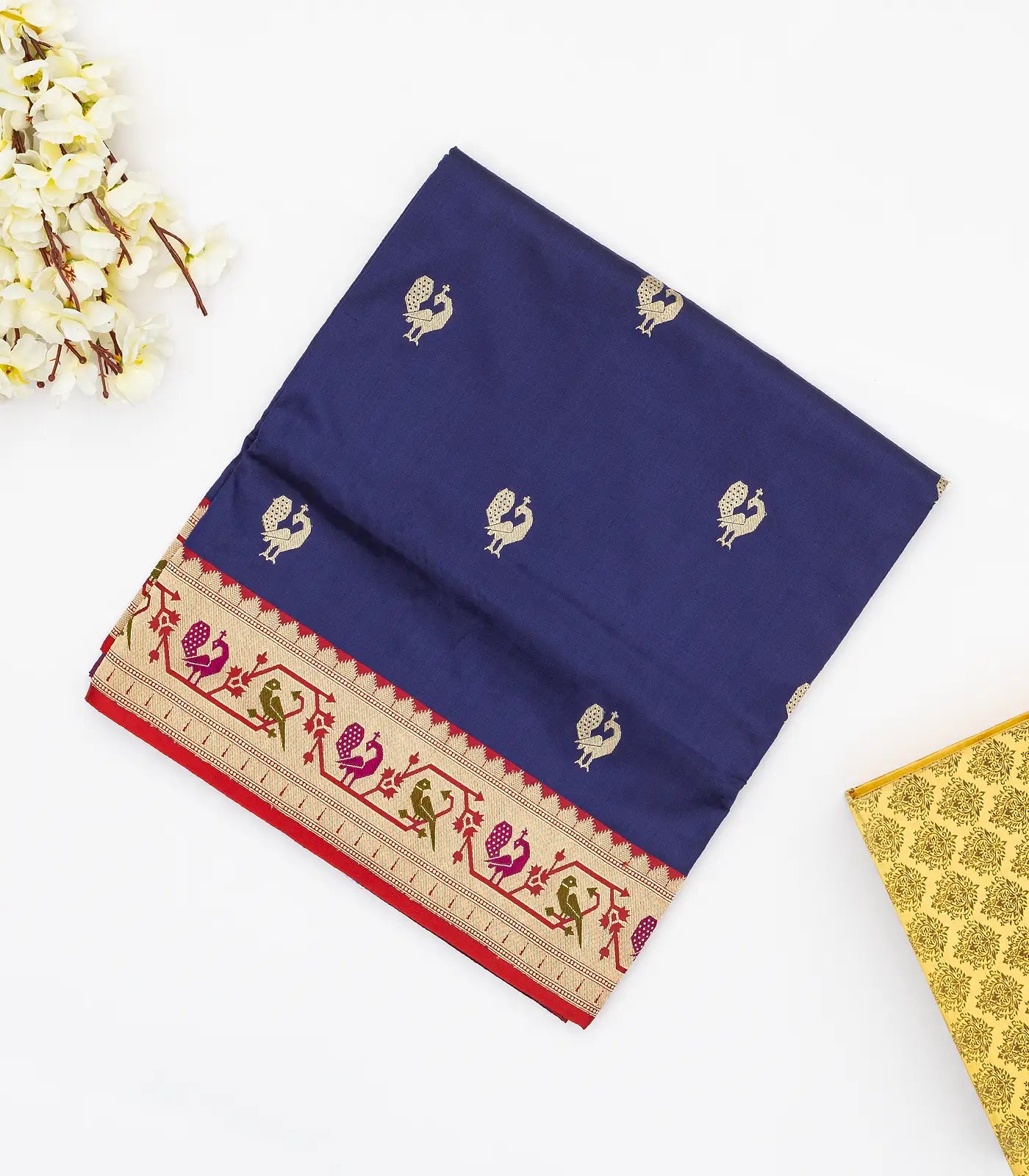 Navy Blue Handloom Banarasi Silk Saree With Peacock Buttas & Contrast Border