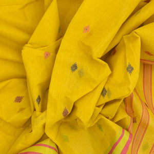 Lemon Yellow Handloom Bengal Cotton Saree With Diamond Motifs